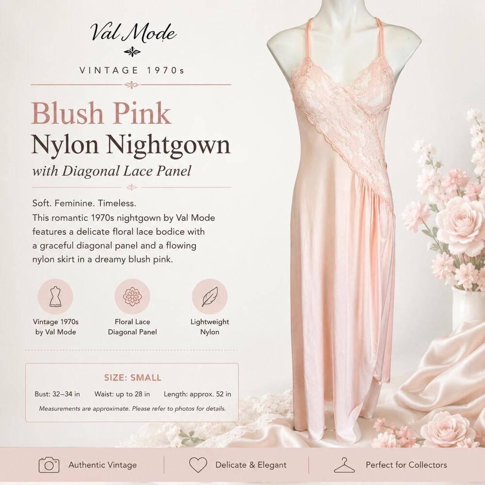 Val Mode Vintage 1970s Blush Pink Nylon Nightgown Diagonal Lace Panel Small